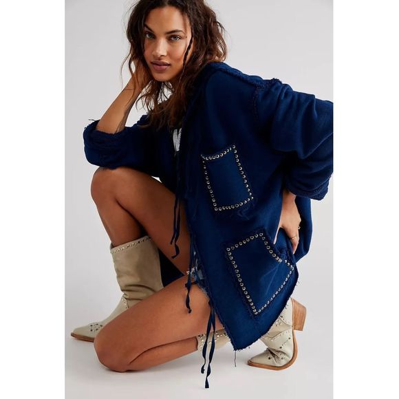 New Free People Studded Utility Hoodie By Dr Collectors Size Large Blue Color